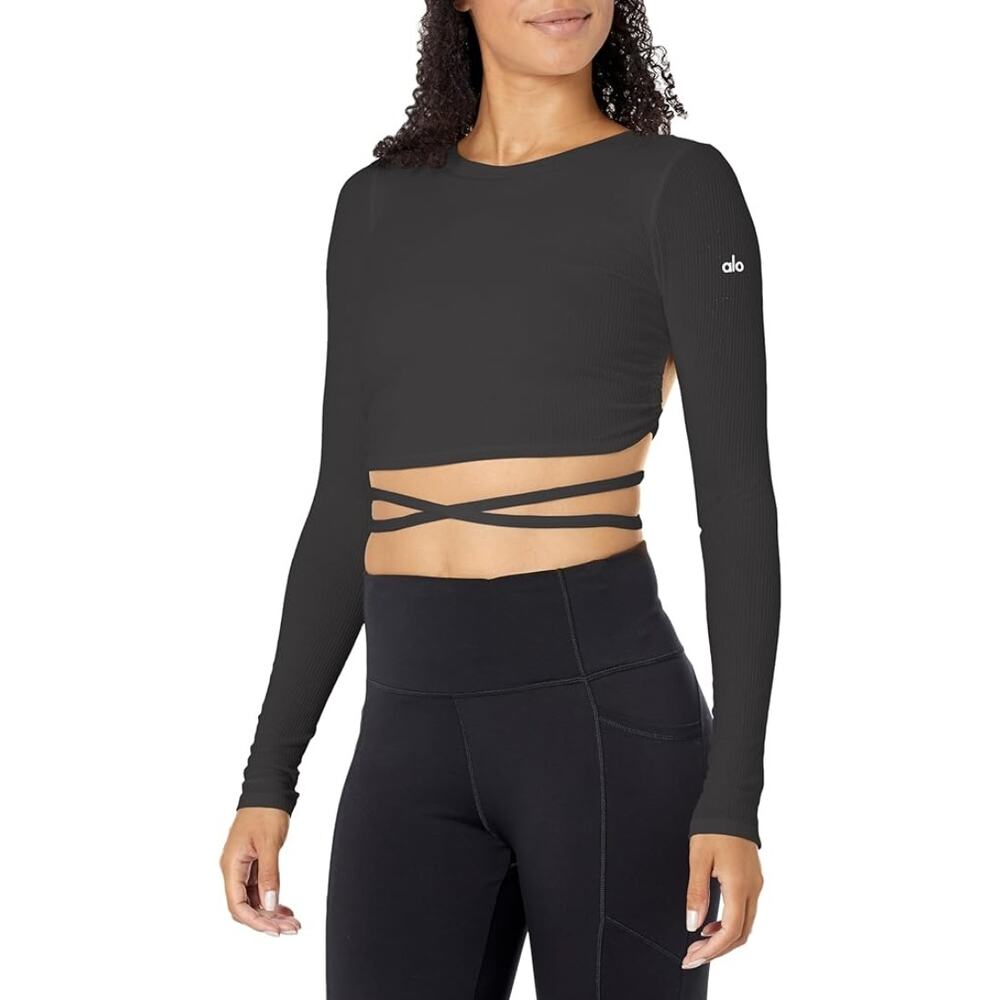 Alo Yoga Womens Black Ribbed Manifest Long Sleeve Top Shirt Active Backless L - Picture 2 of 3